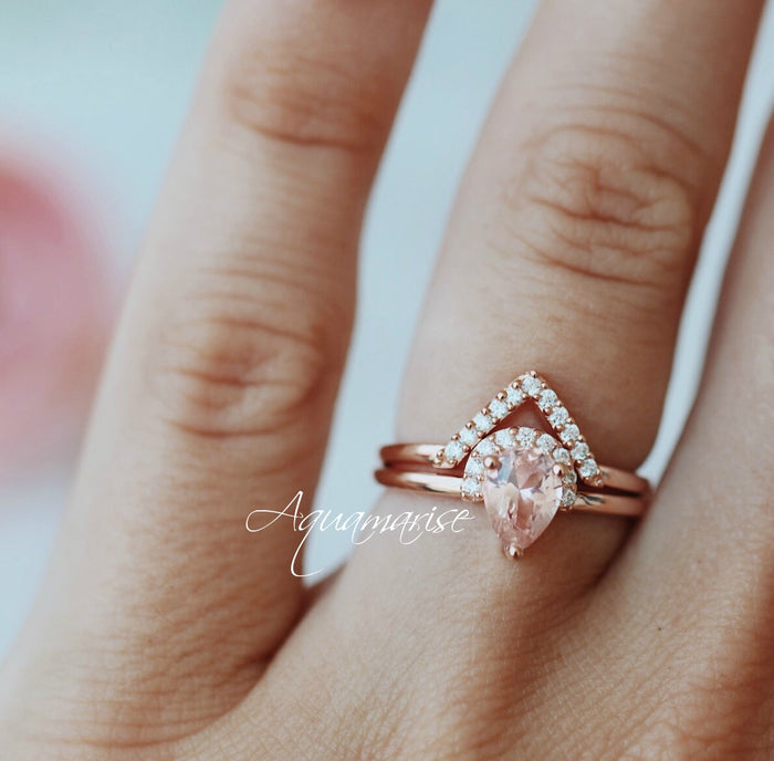 Pear Morganite Chevron Stacking Ring Set