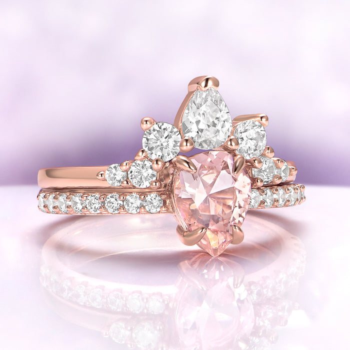Pear Morganite Engagement Ring Set in 14K Rose Gold Vermeil by Aquamarise, featuring a pear-shaped morganite center with sparkling diamonds in an elegant rose gold design.