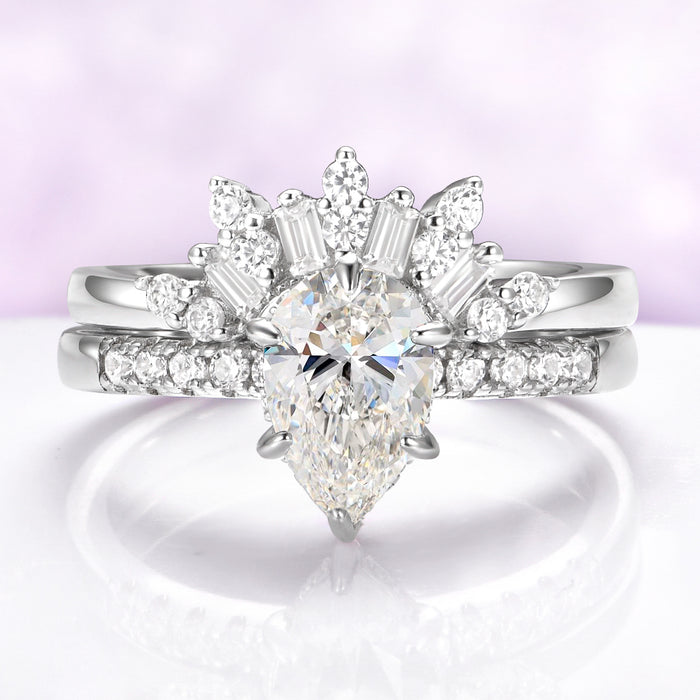 Lab Grown Diamond Crown Wedding Band in 14K White Gold by Aquamarise Gold, featuring a pear-shaped center diamond with baguette and round diamond accents in a crown-inspired design.