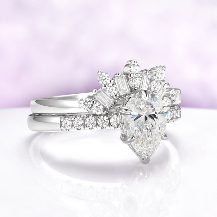 Lab Grown Diamond Crown Wedding Band in 14K White Gold by Aquamarise Gold, featuring a pear-shaped center diamond with baguette and round diamond accents in an Art Deco crown-inspired design.
