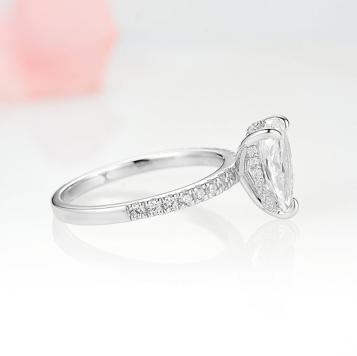 Pear Moissanite Engagement Ring in 14K White Gold (Hidden Halo)