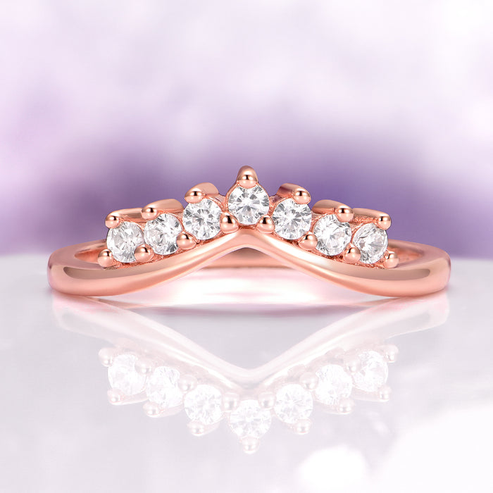 Petite Crown Stacking Wedding Band in 14K Rose Gold Vermeil by Aquamarise, featuring a delicate curved chevron design with seven sparkling round stones, perfect for layering or pairing in Rose Gold Vermeil Rings and Women’s Wedding Bands collections.