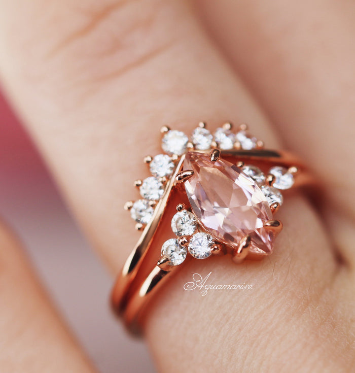 Petite Crown Stacking Wedding Band in 14K Rose Gold Vermeil paired with a pear-shaped morganite and round sparkling stones in an elegant rose gold setting by Aquamarise, featured in Rose Gold Vermeil Rings and Women’s Wedding Bands collections.