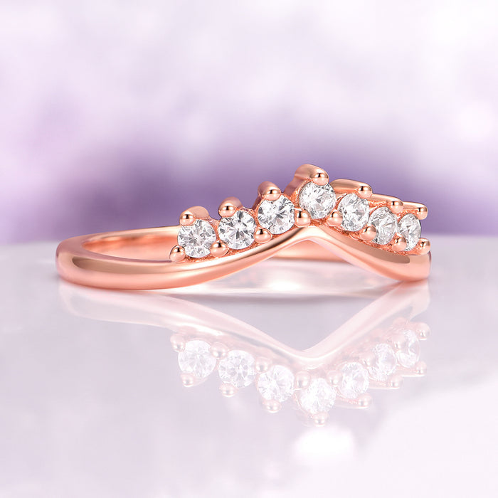 Petite Crown Stacking Wedding Band in 14K Rose Gold Vermeil by Aquamarise, featuring a delicate chevron shape adorned with sparkling round stones, perfect for layering or pairing in Rose Gold Vermeil Rings and Women’s Wedding Bands collections.