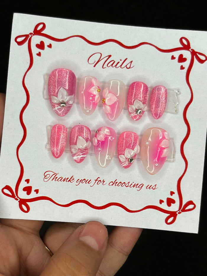 Pink 3D Blossom Press-On Nails – Handmade Reusable Set