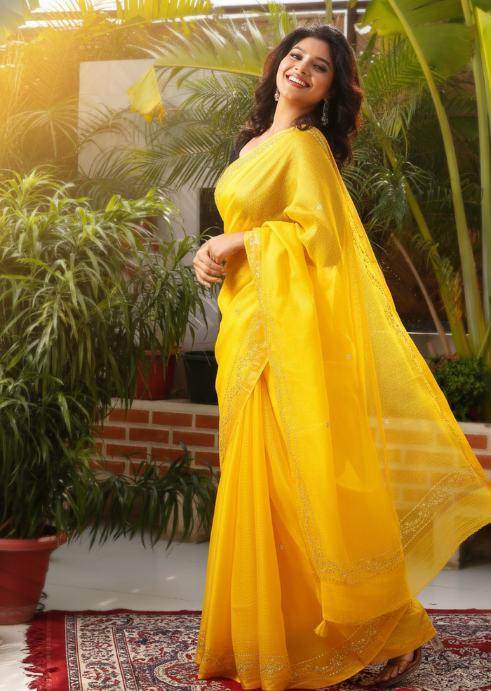 Pitta Handwork Pure Silk Kota Doria Saree Yellow