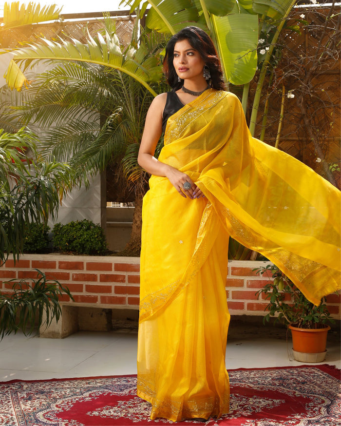 Pure Silk Kota Doria Saree Banana Yellow Color allover Hand Pitta work with running blouse - IndieHaat