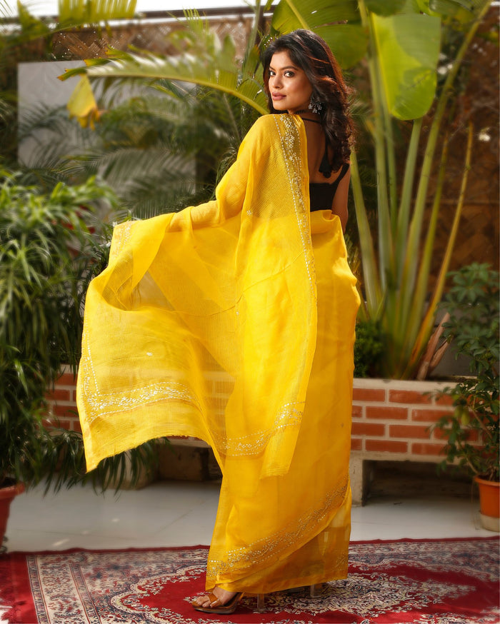 Pure Silk Kota Doria Saree Banana Yellow Color allover Hand Pitta work with running blouse - IndieHaat