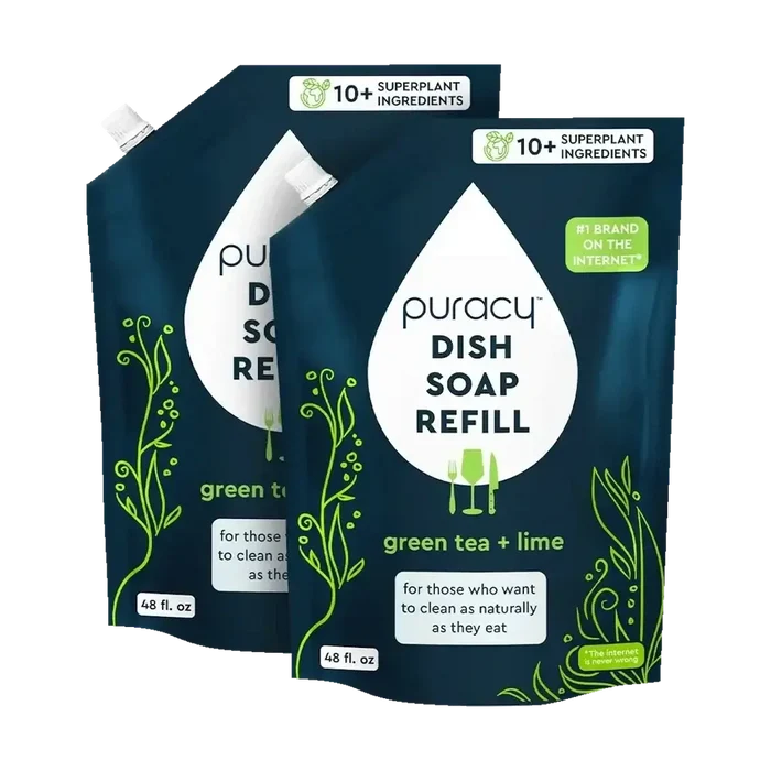 Plant-Based Concentrated Dish Soap refill pouches in green tea and lime scent, featuring over 10 superplant ingredients.
