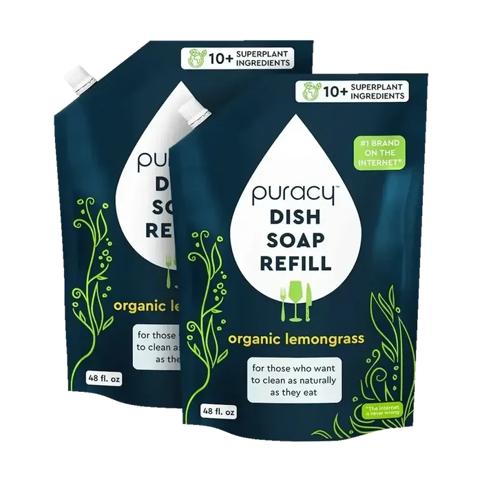 Plant-Based Concentrated Dish Soap refill pouches with organic lemongrass scent, featuring 10+ superplant ingredients.