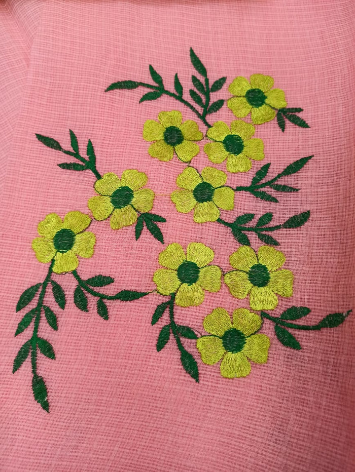 Kota Doria Peach Pure Cotton Embroidery Saree With Blouse Handcrafted-Indiehaat