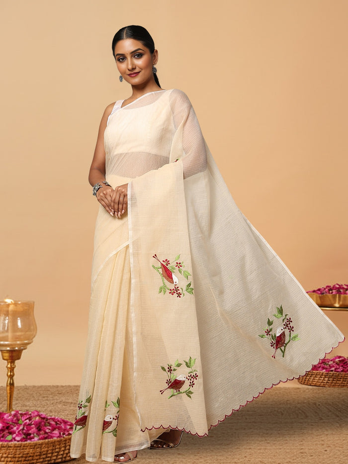 Plum Kota Doria Cotton Bird Embroidery Yellow Saree Handdyed