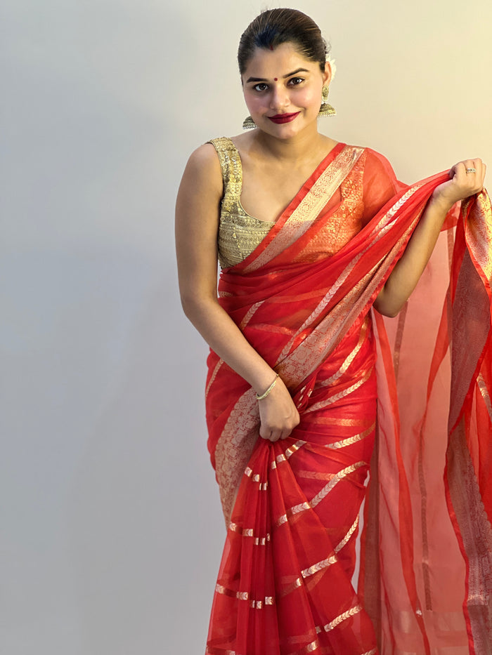 Banarasi Pure Organza Silk Red Saree with Rich Craft Details | Indiehaat