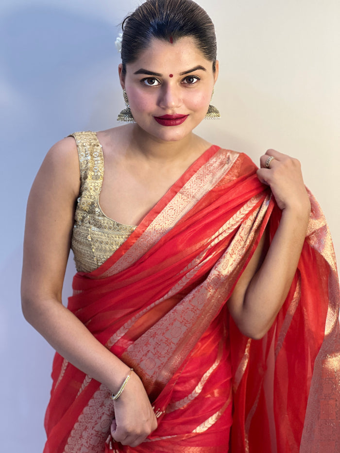 Banarasi Pure Organza Silk Red Saree with Rich Craft Details | Indiehaat