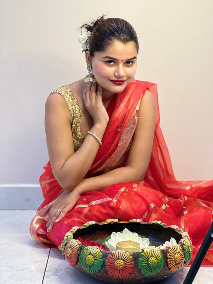 Banarasi Pure Organza Silk Red Saree with Rich Craft Details | Indiehaat