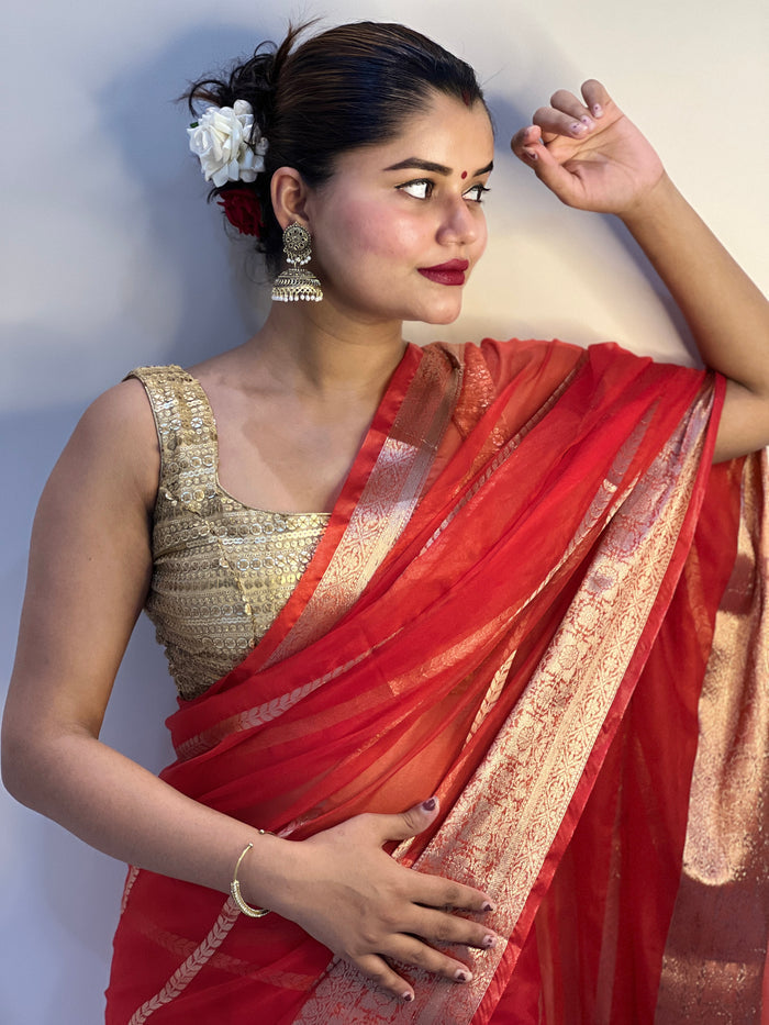 Banarasi Pure Organza Silk Red Saree with Rich Craft Details | Indiehaat