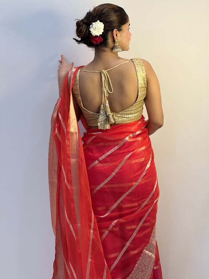 Banarasi Pure Organza Silk Red Saree with Rich Craft Details | Indiehaat