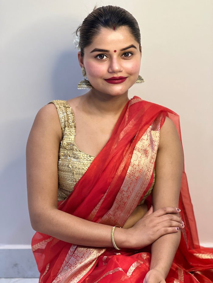 Banarasi Pure Organza Silk Red Saree with Rich Craft Details | Indiehaat