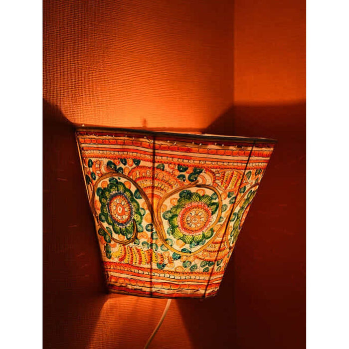 Indiehaat | Peacock Kalamkari Handpainted Wall Mount Leather Lamp | 8.5 Inch