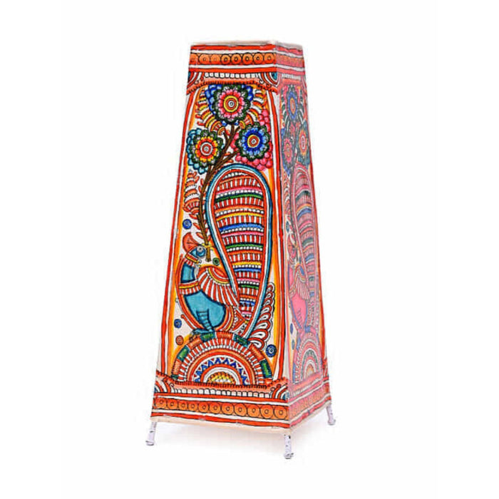 Indiehaat | Peacock Kalamkari Handpainted Standing Square Leather Lamp | 17 Inch