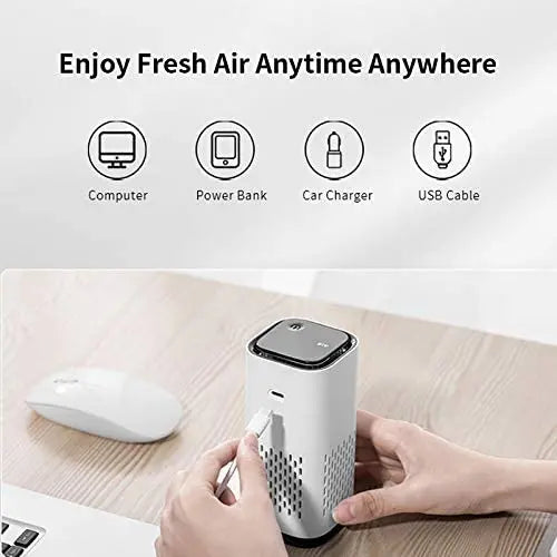 Portable air purifier on a desk with hand plugging it into a computer, surrounded by icons for computer, power bank, car charger, and USB cable.