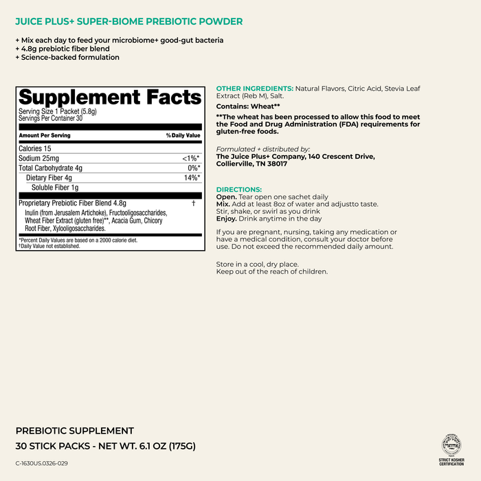 A product information card for Juice Plus+ Super-Biome Prebiotic Powder, showing the supplement facts, directions, and a warning label on a white background.