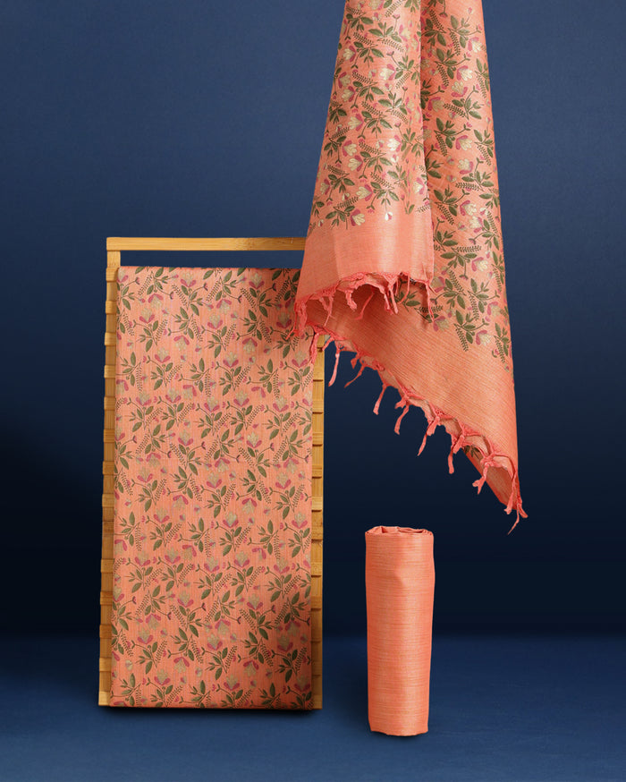 Printed Khadi Silk Peach Suit (T+B+D)