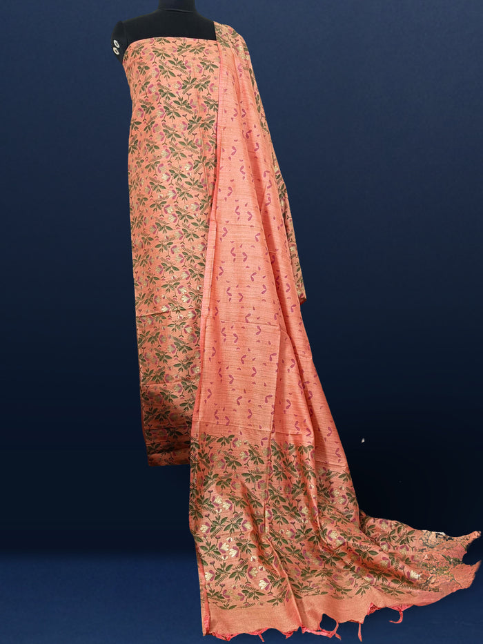 Printed Khadi Silk Peach Suit (T+B+D)