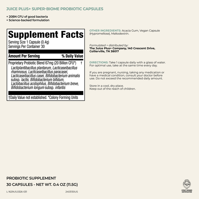 A supplement facts label for JUICE PLUS+ SUPER-BIOME PROBIOTIC CAPSULES, showing serving size, daily value information, directions, and product details on a light beige background with black text.