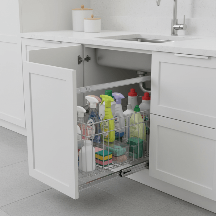 Pull out cabinet organizer with sliding rails