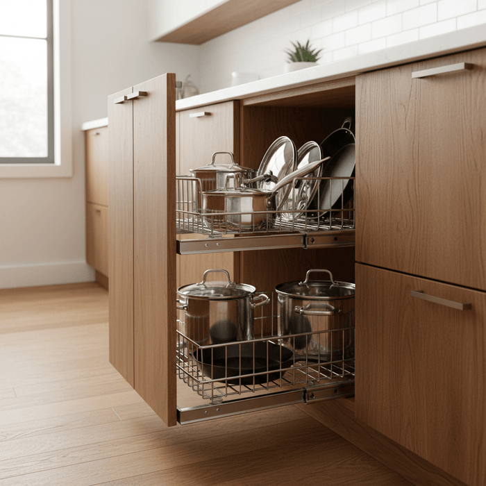 Pull out cabinet organizer with sliding rails