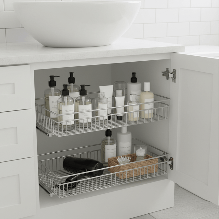 Pull out cabinet organizer with sliding rails