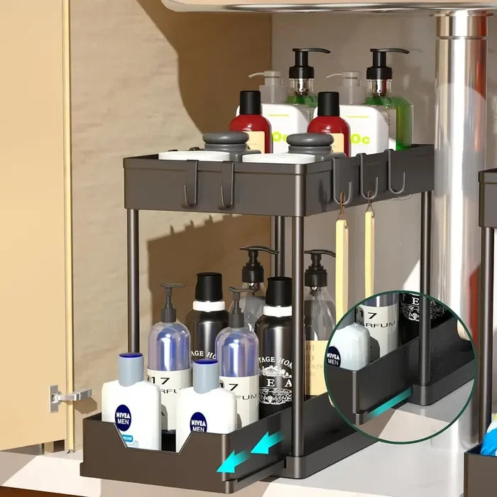 Bathroom storage cart with various bottles and a close-up of a drawer.