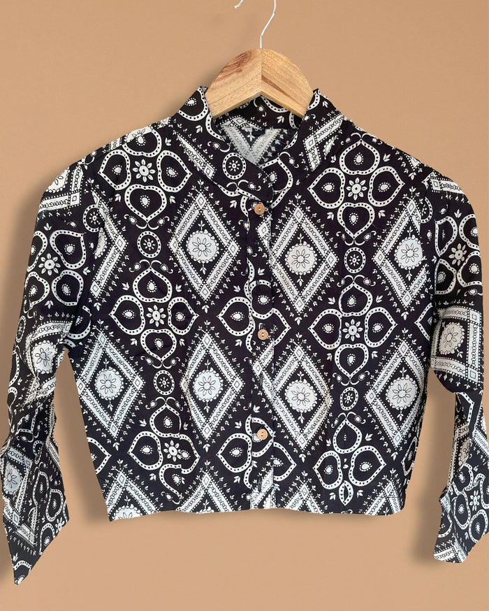 Indiehaat | Pure Cotton Crop Top Black Hand Printed