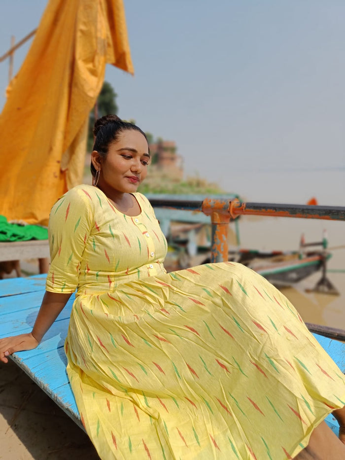 IndieHaat|Pure Cotton Dress Ikkat Design Yellow 25% Off