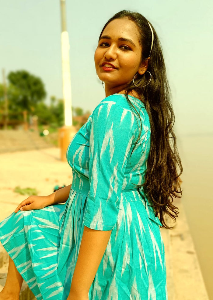 IndieHaat|Pure Cotton Dress Ikkat Design Blue 25% Off
