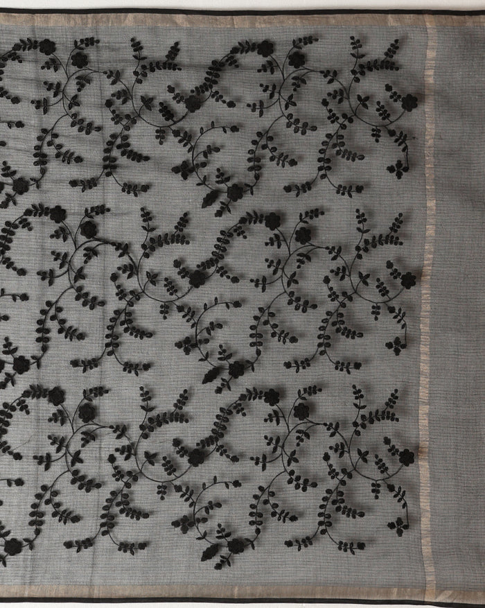 Pure Cotton Kota Doria Saree Black Jaal Embroidery