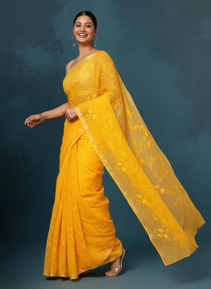 Pure Cotton Kota Doria Saree Golden Yellow Jaal Embroidery