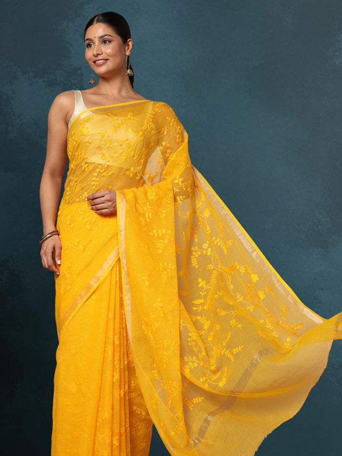 Pure Cotton Kota Doria Saree Yellow Jaal Embroidery