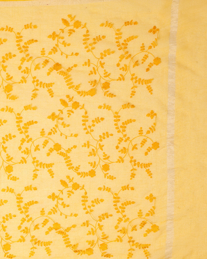 Pure Cotton Kota Doria Saree Yellow Jaal Embroidery
