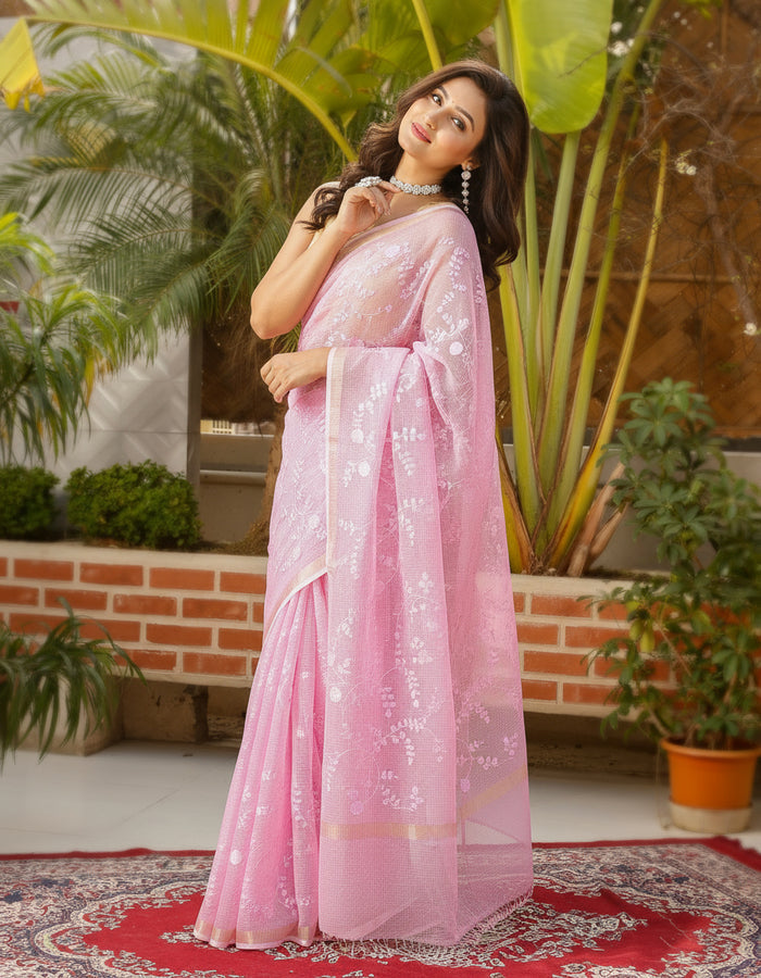 Pure Cotton Kota Doria Saree Pale Pink Color Jaal Embroidery with running blouse - IndieHaat