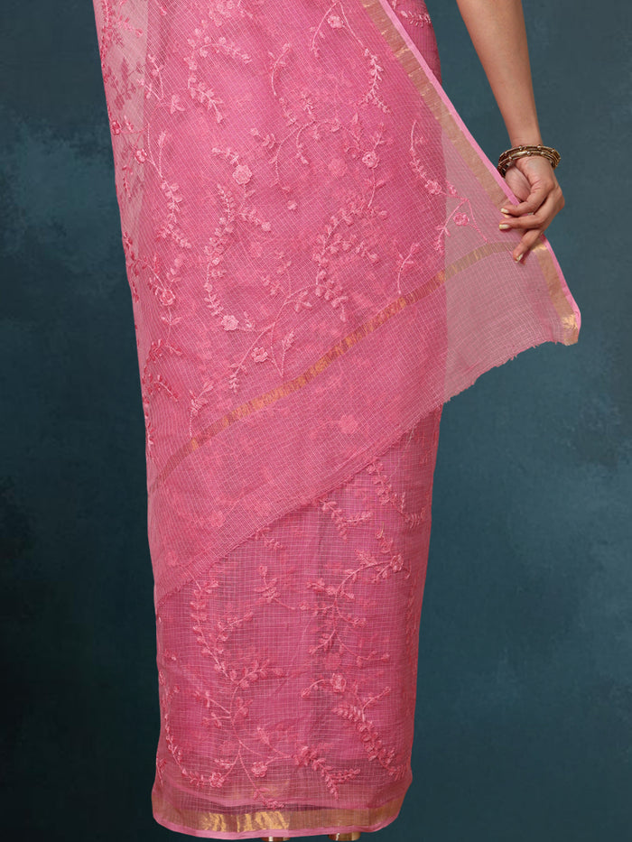 Pure Cotton Kota Doria Saree Rose Pink Jaal Embroidery