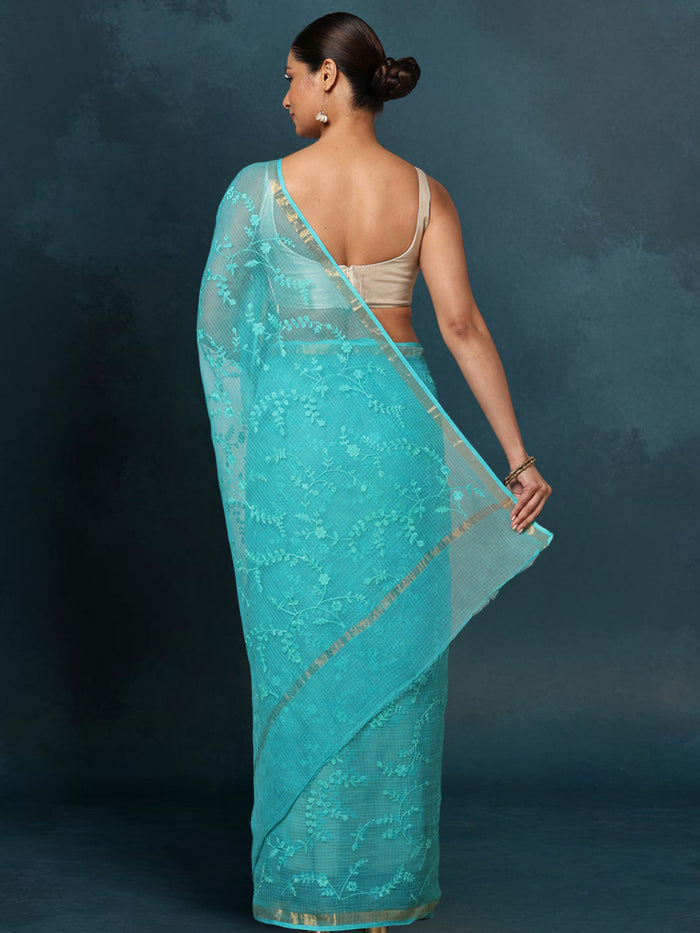 Pure Cotton Kota Doria Saree Blue Jaal Embroidery