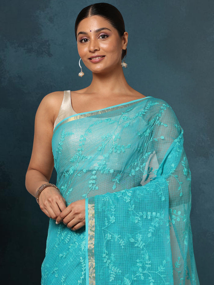 Pure Cotton Kota Doria Saree Blue Jaal Embroidery