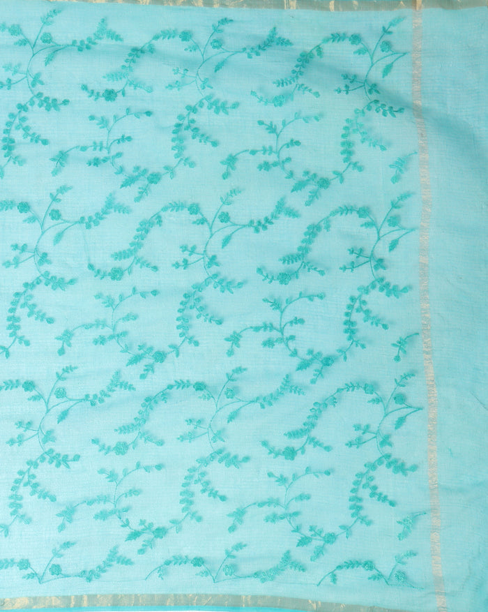 Pure Cotton Kota Doria Saree Blue Jaal Embroidery