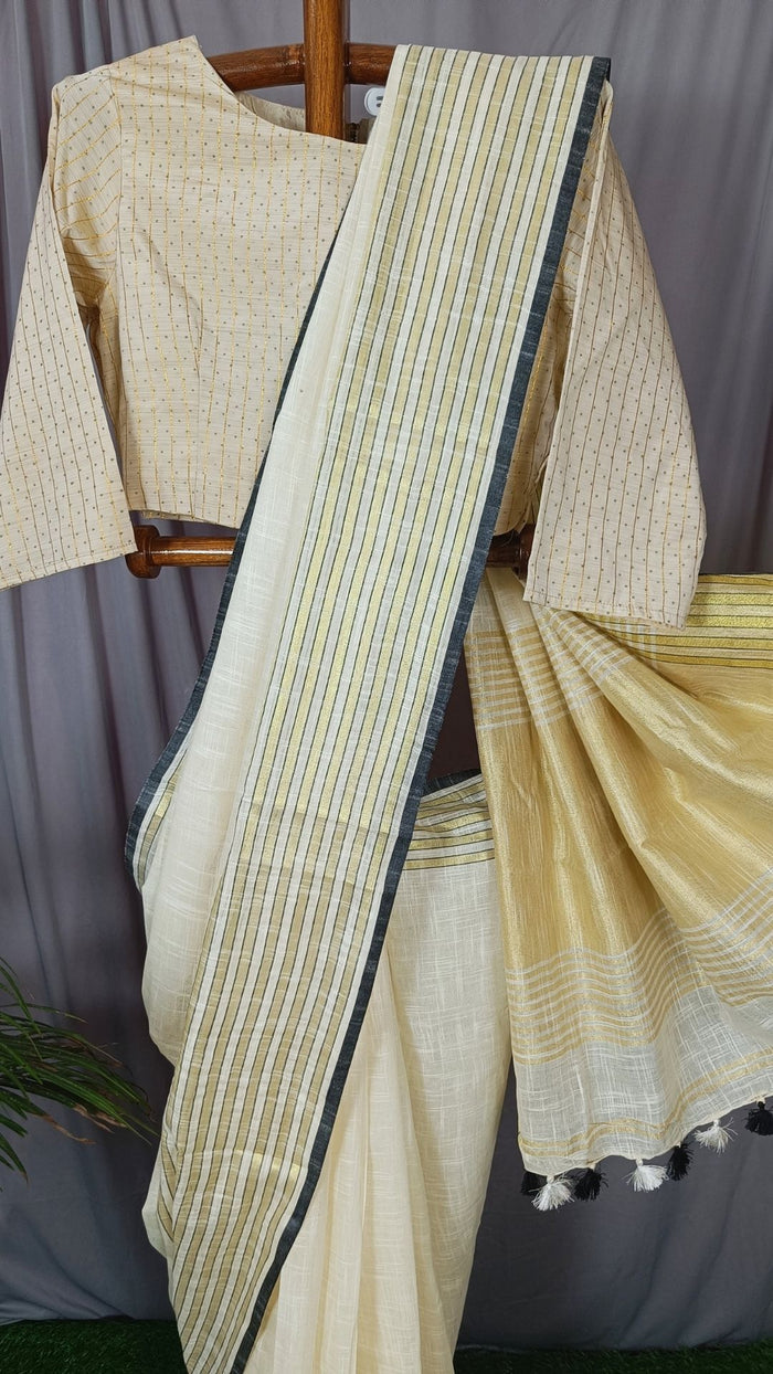 Shop Pure Khadi Linen Saree White Online Now