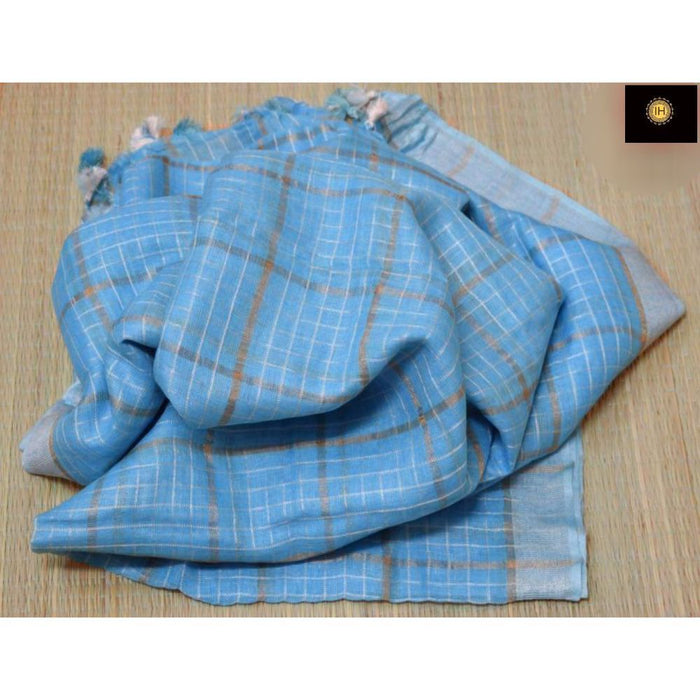 Pure Linen Check Design Handloom Blue Saree with Running Blouse-Indiehaat