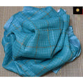 Pure Linen Check Design Handloom Blue Saree with Running Blouse-Indiehaat