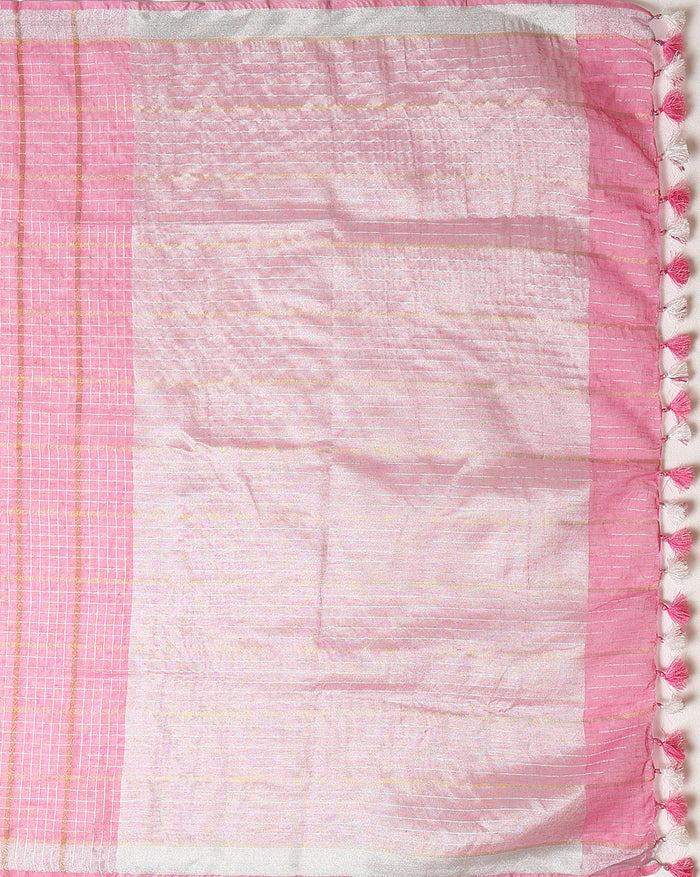 Pure Linen Check Design Handloom Light Pink Saree