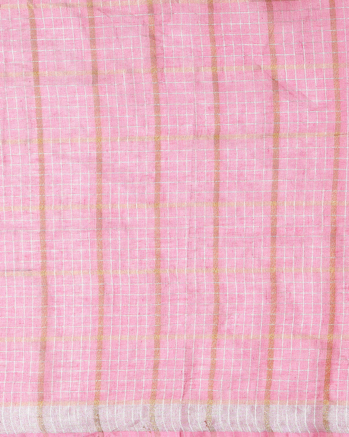 Pure Linen Check Design Handloom Light Pink Saree